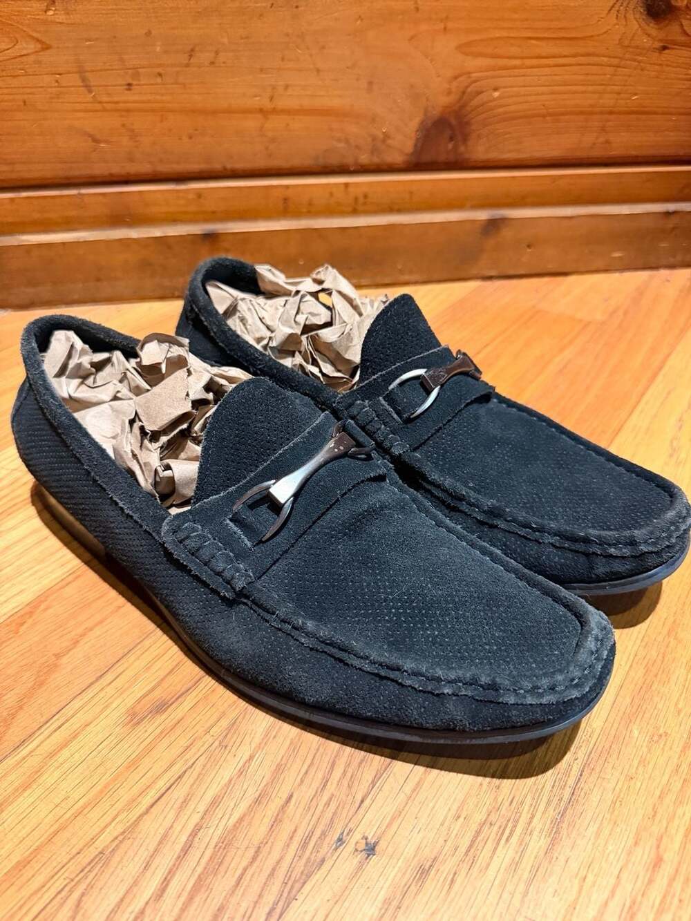 Saks Fifth Avenue Black Perforated Suede Horsebit Loafers 11.5